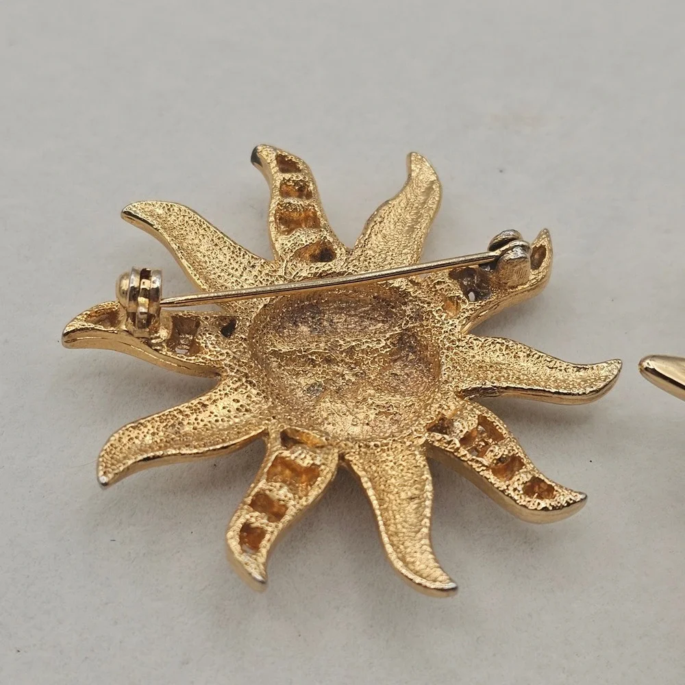 Celestial Sun & Moon Brooch Pin 2pc Gold Silver Tone Blue Enamel Rhinestone